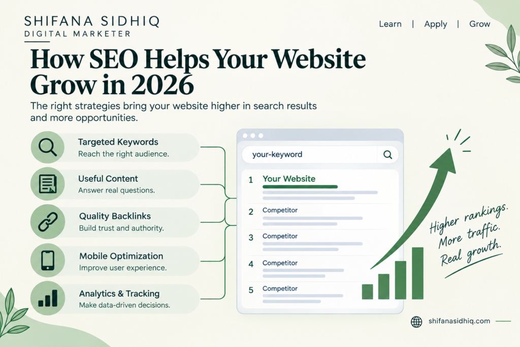 How SEO helps your website grow in 2026 through keyword research, useful content, quality backlinks, mobile optimization, and analytics.